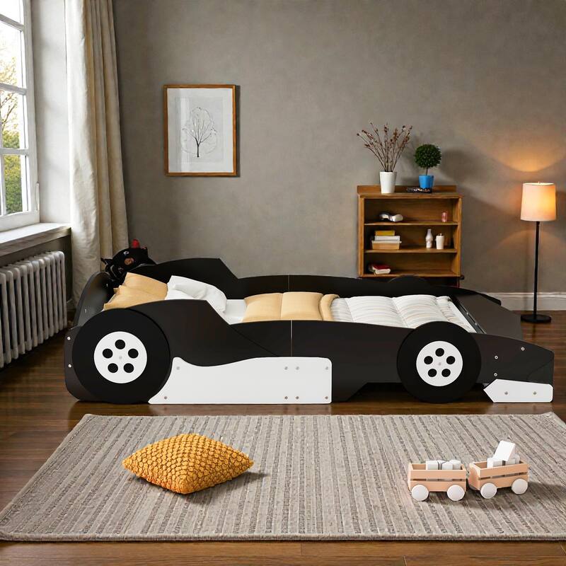 Race Car Platform Bed with Wheels, Kids Car-Shaped Bed Frame with Safety Rails