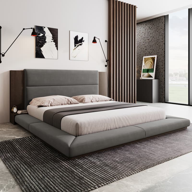 Floor Upholstered Bed w/ Extended Wood Headboard, Bedside Storage Shelves, Modern Low Profile Platform Bed, Thick Foam Padding - Gray - Queen