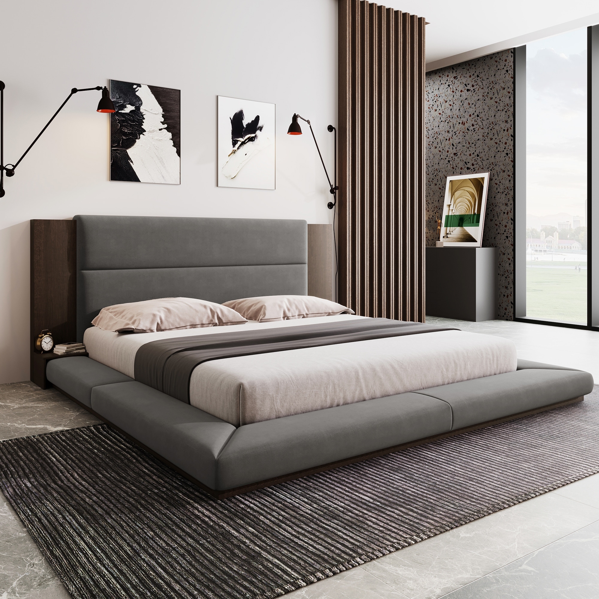 Modern Floor Upholstered Platform Bed with Extended Wood Headboard and Built-In Bedside Shelves