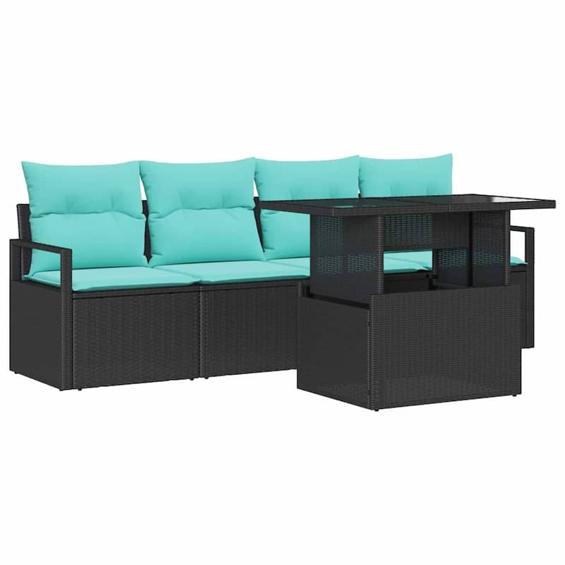 vidaXL 5 Piece Garden Sofa Set with Cushions Black Poly Rattan - 135.4×70.5×27.2