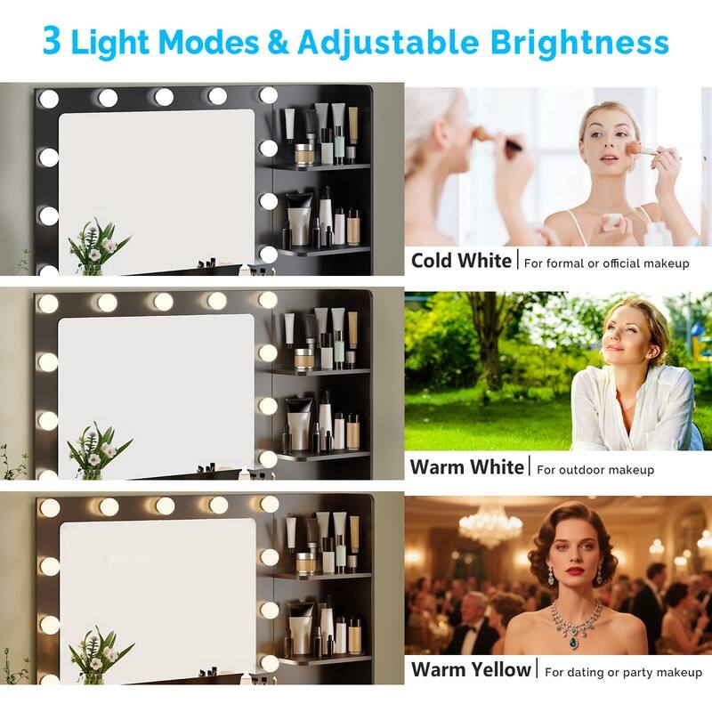 Particle Board Veneered with Textured Melamine, 5-drawer 2-Shelf, comes with 11 Three-color Dimmable Bulbs, Dressing Table Set