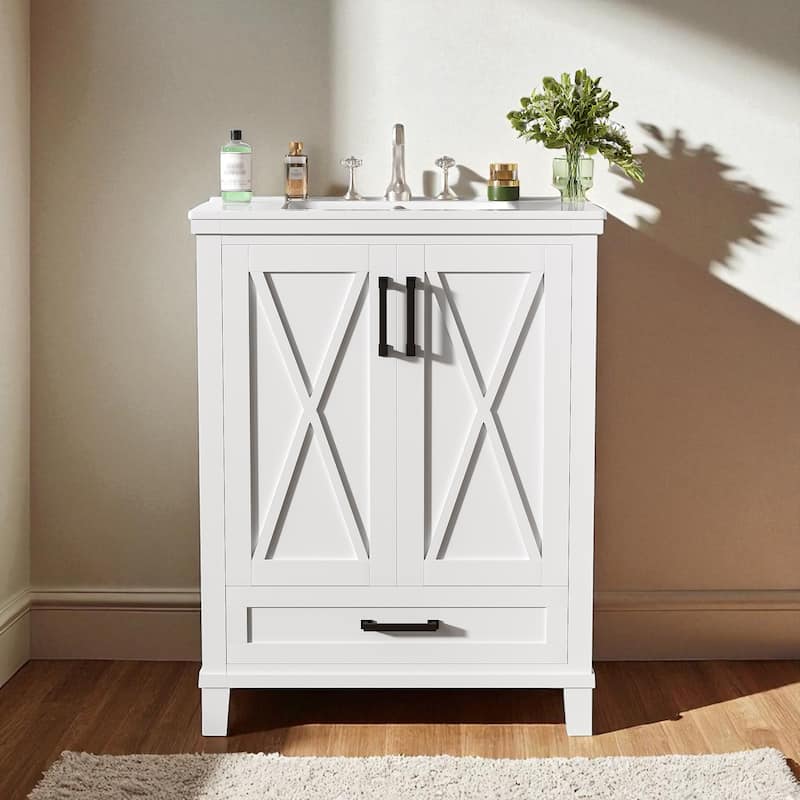 24" Bathroom Vanity with Ceramic Sink, Solid Wood Frame, Soft-Close Doors, Drawer and Shelves, Freestanding Storage Cabinet - White