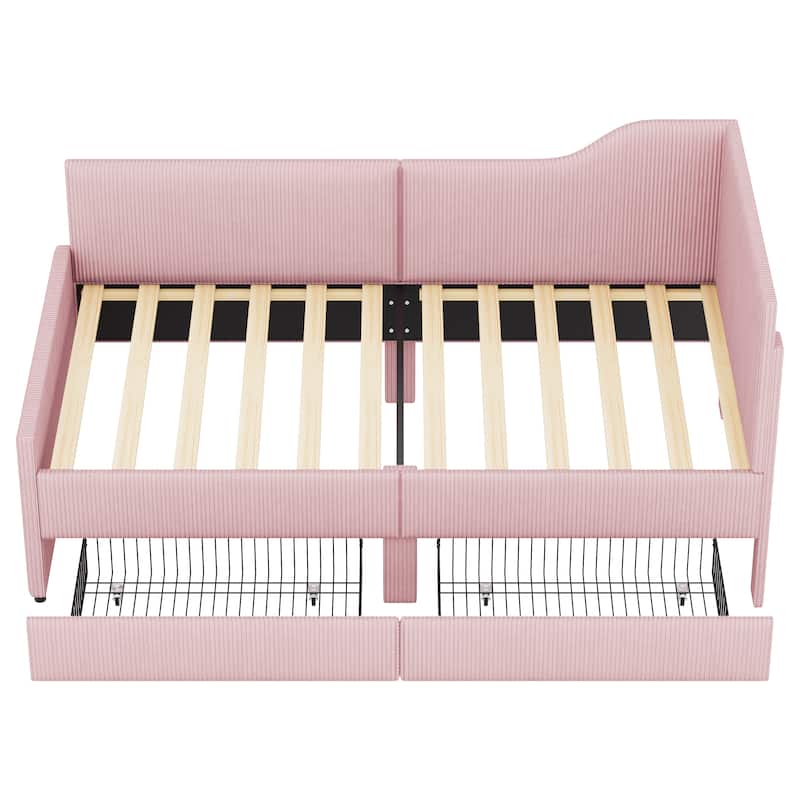 Pink Twin L-Shaped Upholstered Daybed with Corduroy Fabric and 2 Storage Drawers, Space-Saving Platform Bed Frame