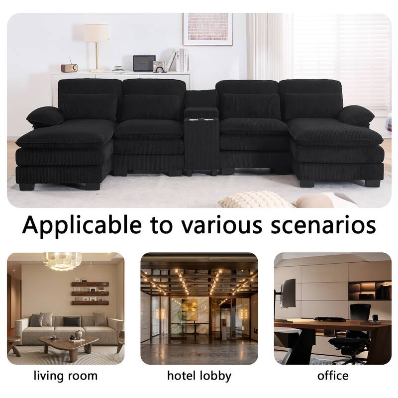 124" Modern Modular Sofa with Double Recliner and USB Port with Center Console