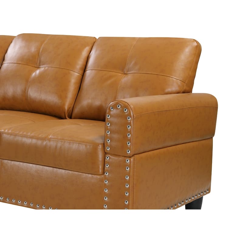 Wood Frame Faux Leather Storage Sectional Sofa with Ottoman & Cup Holders