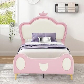 Twin Size Princess Bed w/ Crown Headboard, PU Upholstered Platform Bed , Twin Bed Frame w/ Bed-End Storage Pocket for Kids Girl