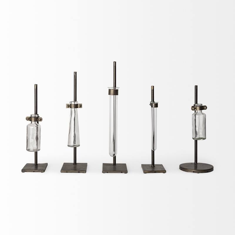 Set of Five Test Tube Vases with Metal Bases - 5" W x 13" H x 5" D