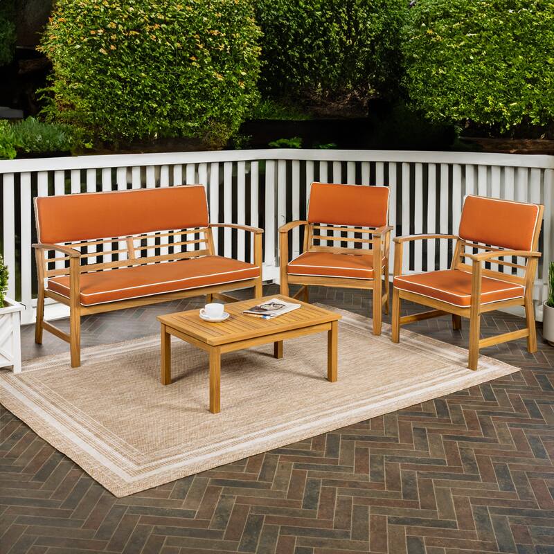 Freja 4-Piece Modern Coastal Acacia Wood Conversation Outdoor Patio Set with Cushions, by JONATHAN Y