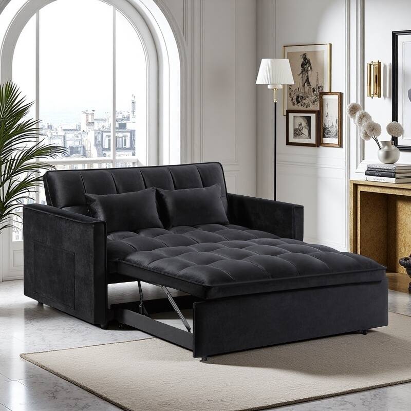 54” Velvet Pull-out Sleeper Sofa Bed,with 3 Adjusting Reclining Back & Storage - Solid Wood Frame,Twin Size-54” x 35.5” x 30”H