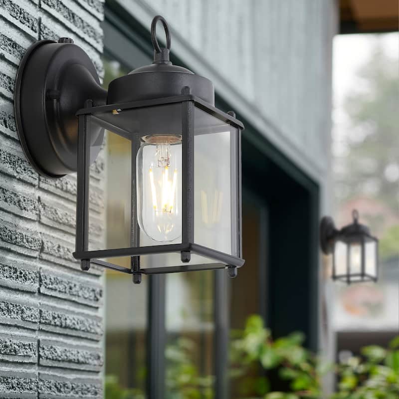 Barrie 4.25" 1-Light Farmhouse Industrial Iron/Glass Outdoor LED Sconce, Black/Clear (Set of 2) by JONATHAN Y