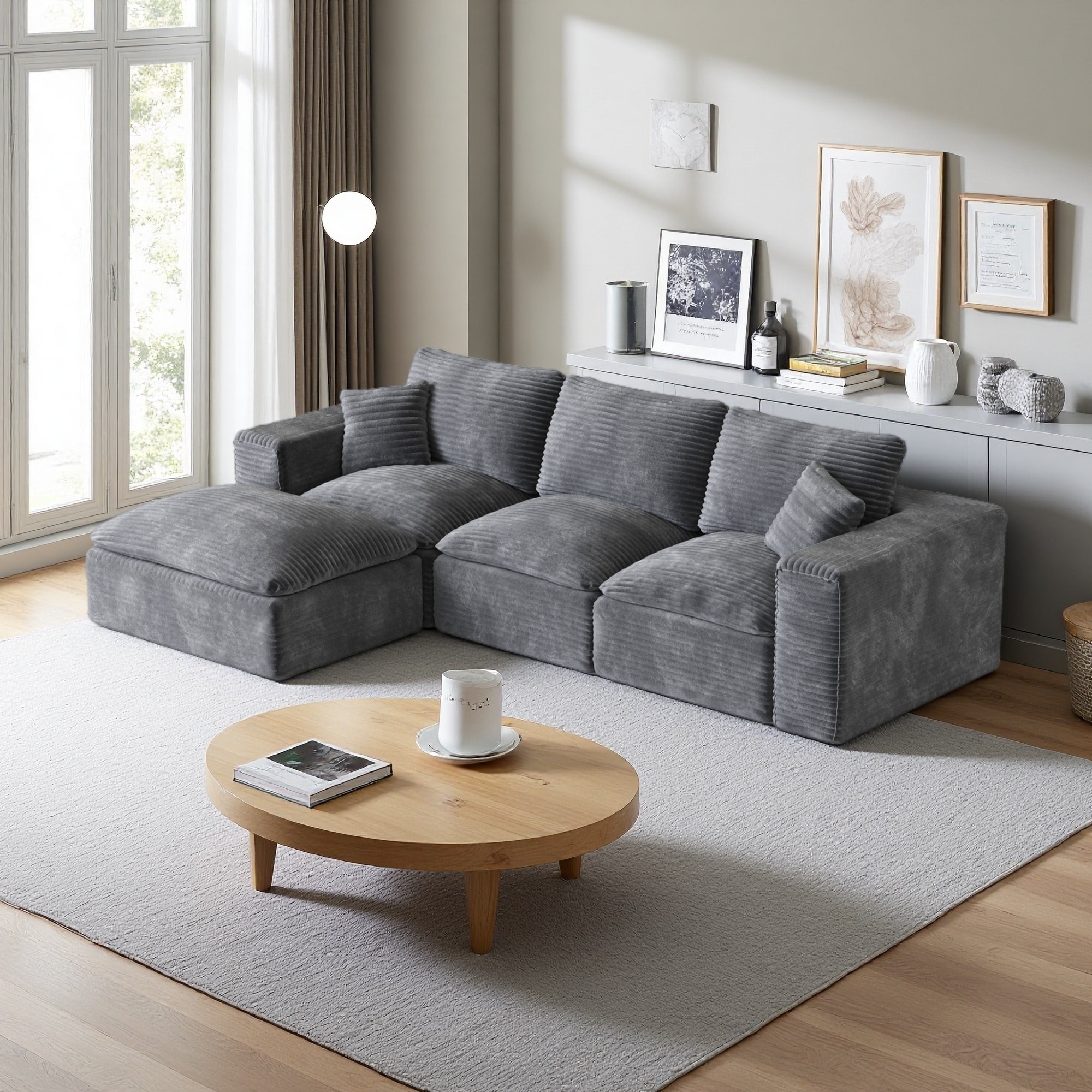 108.3" Corduroy Cloud L-Shaped Sectional Sofa with Interchangeable Chaise, No Assembly