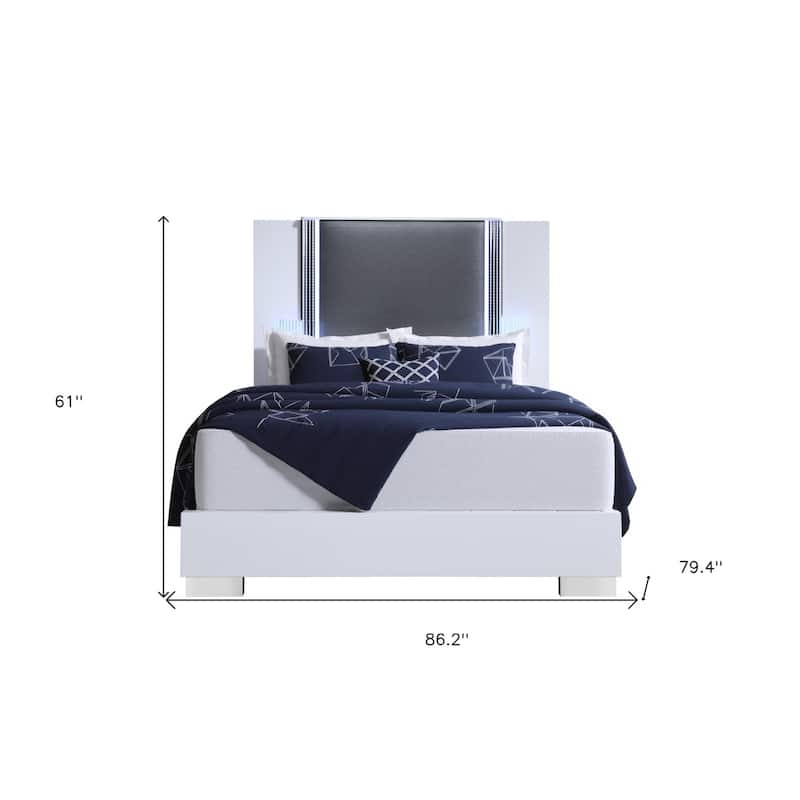 HomeRoots White and Gray Wood And Faux Leather Lighted King Bed Frame