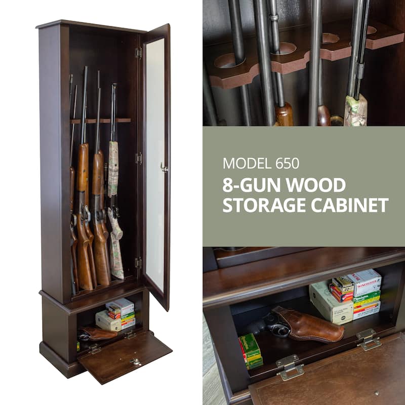 American Furniture Classics Model 650, 8 Gun Cabinet with locking tempered glass door and locking drop down door.