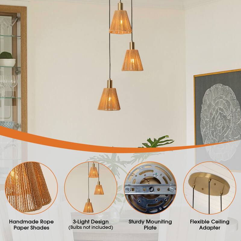 15" W Brass 3-Light Kitchen Island Pendant Light with Paper Rope Shades