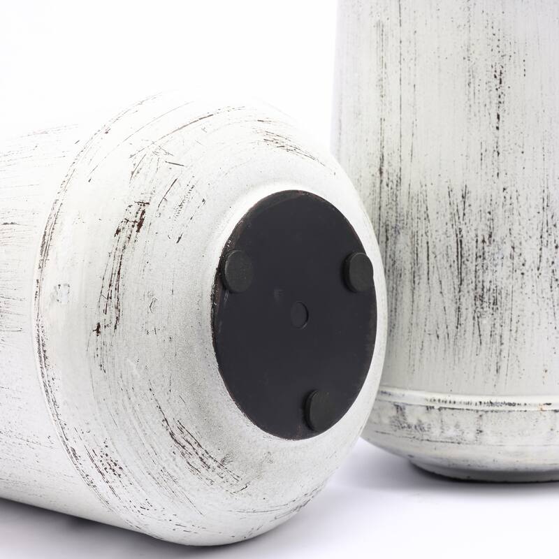 Distressed Off White and Rustic Brown Metal Pitcher Vase (Set of 2)