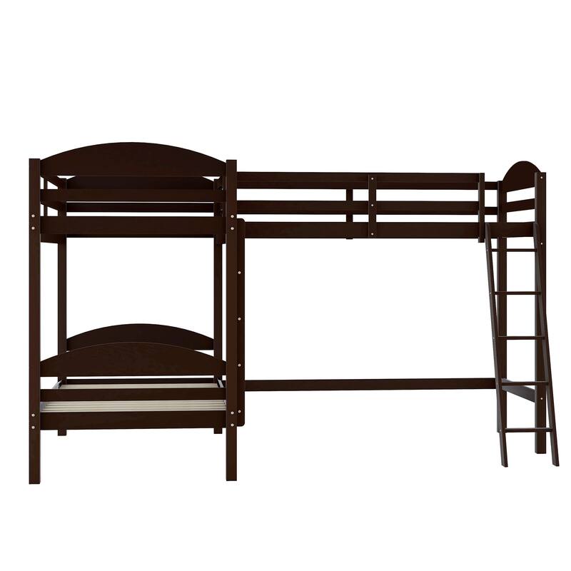 Twin L-Shaped Bunk Bed with Trundle, Wood Platform Bed Frame 2 Bunk Bed with Ladder for Small Living Spaces Multi-Child Families