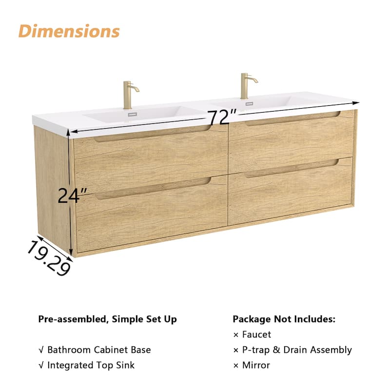 Prismis 60" 72" 84" Wall-Mount Premium Bathroom Vanity with Integrated Sink