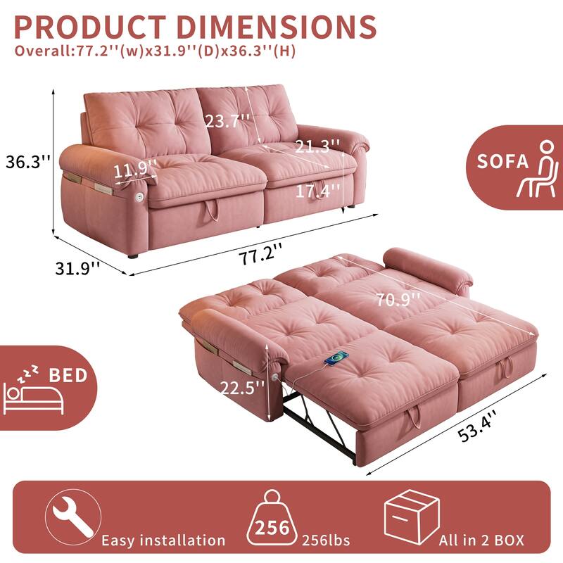 2-in-1 Velvet Pull Out Sleeper Sofa Bed Convertible Loveseat Couch for Sitting, Napping or Sleeping with Side Pockets and USB