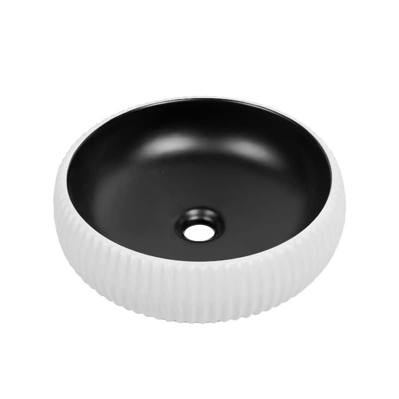 16 in. Round Vessel Bathroom Sink in Matte Black and Textured White Ceramic - 16 in Round