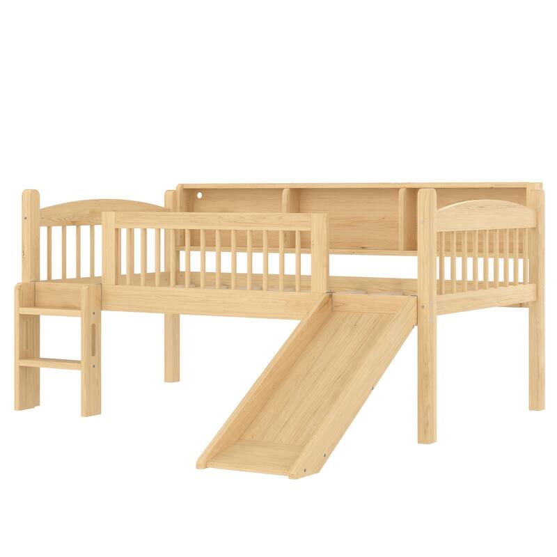 Kids Wood Low Loft Bed Frame with Storage Shelves, LED Light Strips, Curved Headboard, Safety Guardrails and Reversible Slide