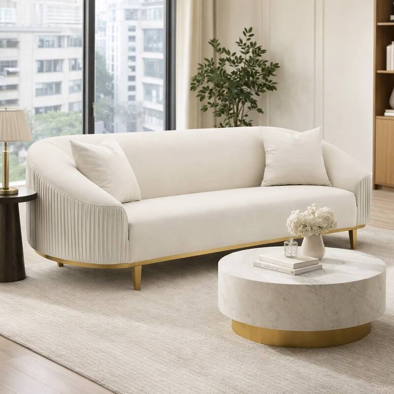 Artina Sofa, 2 Accent Throw Pillows, Ivory Velvet, Gold Metal, 89 Inch
