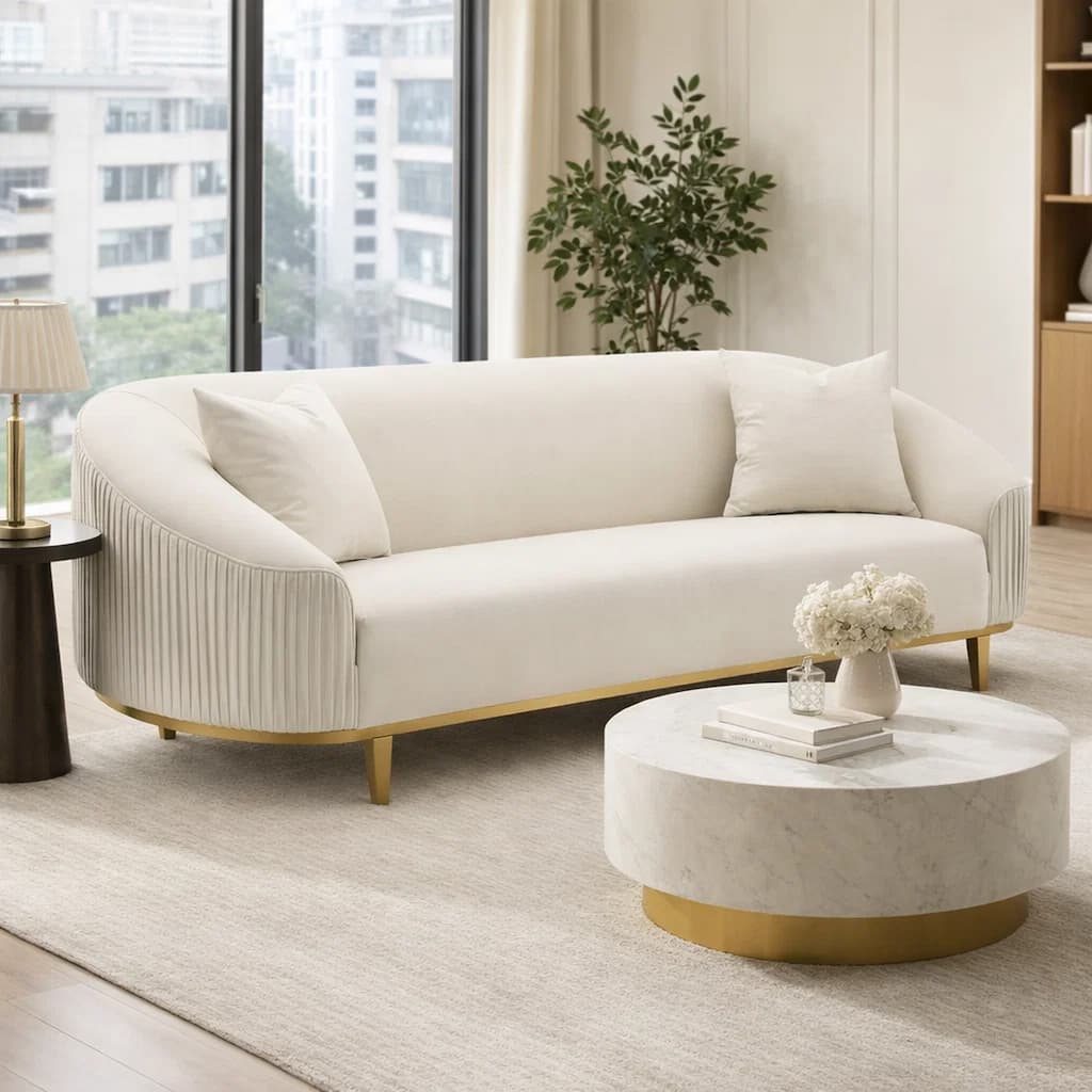 Artina Sofa, 2 Accent Throw Pillows, Ivory Velvet, Gold Metal, 89 Inch