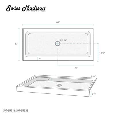 Swiss Madison Voltaire 60" x 30" Rectangular Shower Base with Single