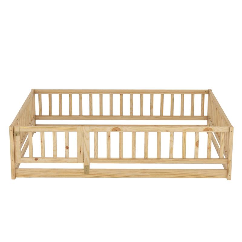 Montessori Floor Bed with Fence Guardrail and Removable Door Toddler Floor Wood Bed Frame for Kids Boys Girls Children's Room