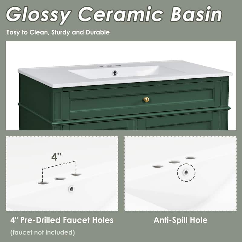36 Inch Bathroom Vanity with Sink Top, Freestanding Storage Cabinet with 3 Drawers and Single Door, Modern Style