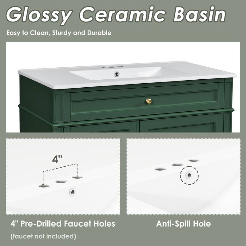 Modern Single Sink Bathroom Vanity Cabinet with Door Rack, Tip-out Drawer, 2 Pull-out Drawers, Metal Knobs and Adjustable Shelf