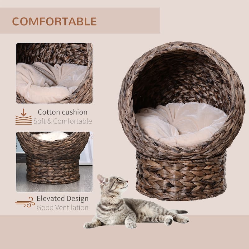 PawHut Cat Braided Banana Leaf House Enclosure, Designed for Indoors and Includes Super Soft Cotton Bed, 23.5" H, Grey