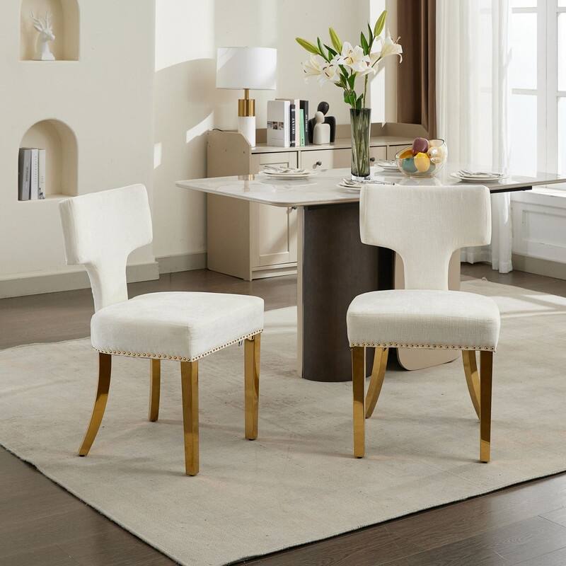 Dining Chairs Set of 2, Farmhouse Chenille Fabric Upholstered Accent Chair Curved Backrest with Copper Nails around - Beige
