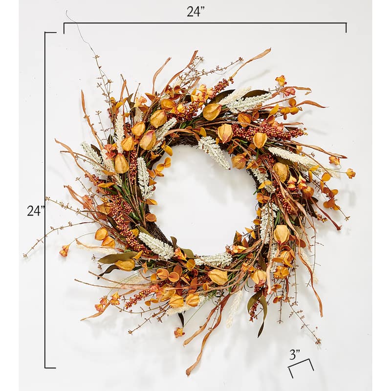 24" Artificial Fall Harvest Chinese Lantern Wreath on Natural Twig Base