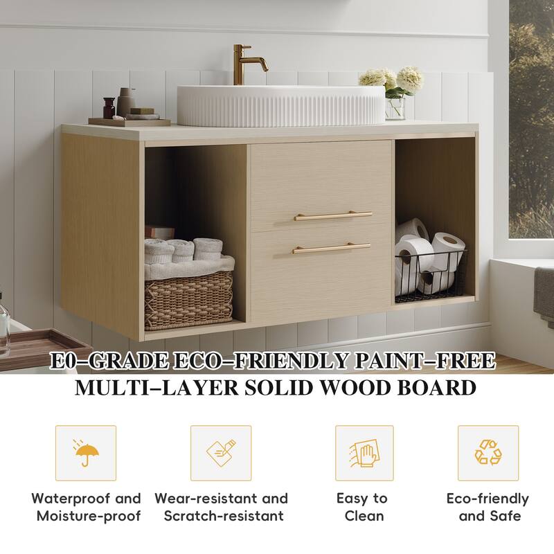 39.3"Wall-Mounted Bathroom Vanity with Oval Ceramic Sink,Floating Multi-Layer Cabinet Soft-Close Drawers Open Shelf Storage