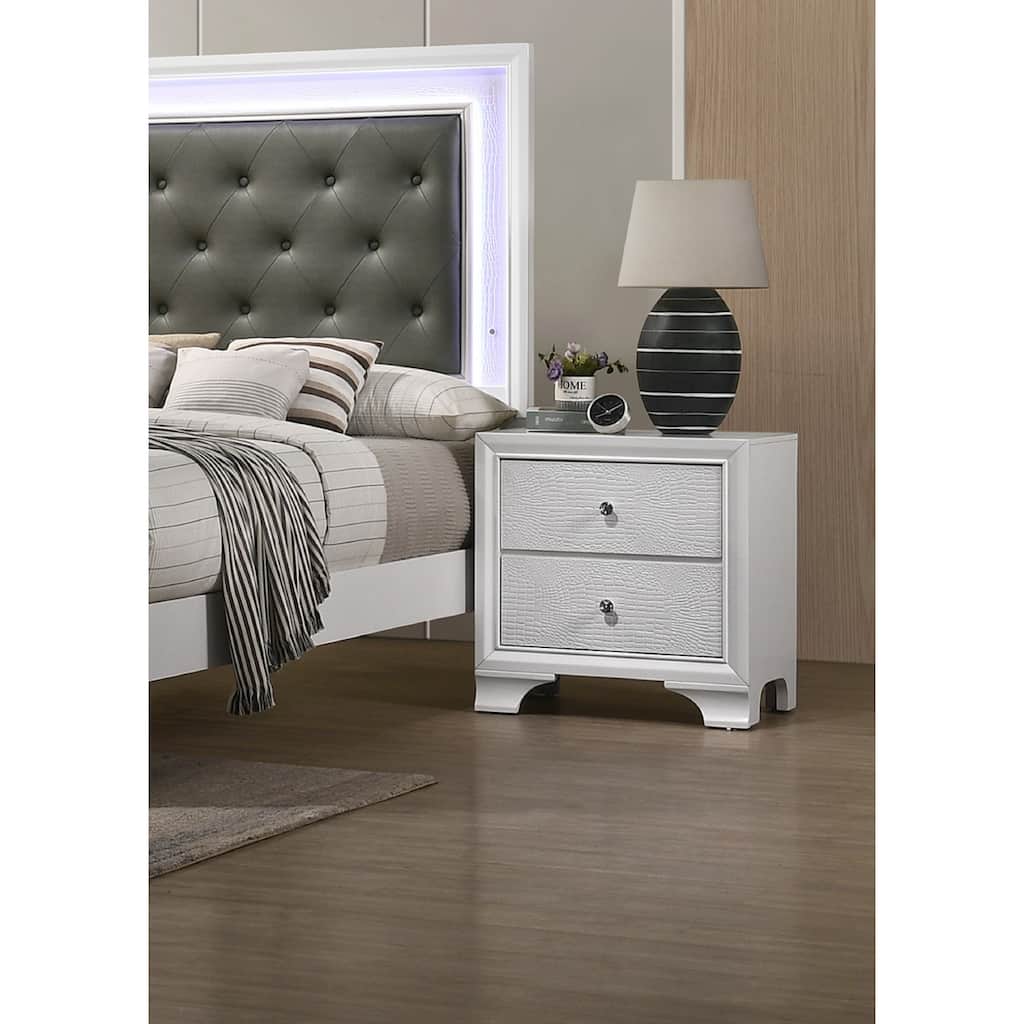 Modern Glam 1pc Crisp White Nightstand w/ 2 Drawers & Embossed Crocodile Pattern for Bedroom