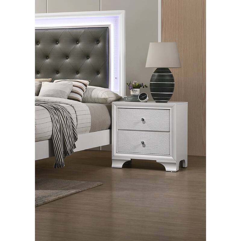Modern Glam White Finish Two Drawer Nightstand with Crocodile Texture - White