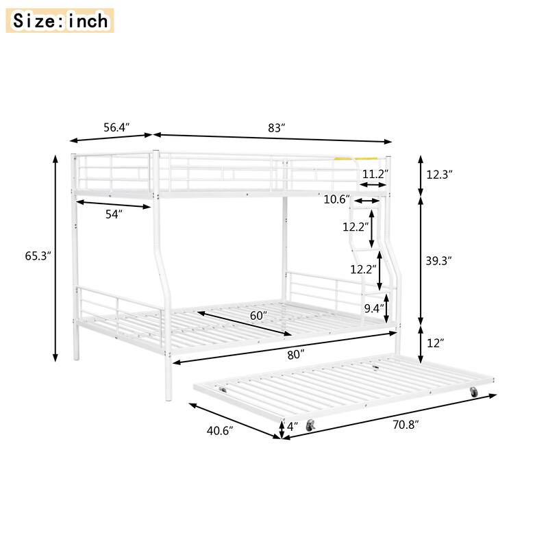 Metal Bunk Bed with Trundle and Guardrail, Convertible to Two Beds