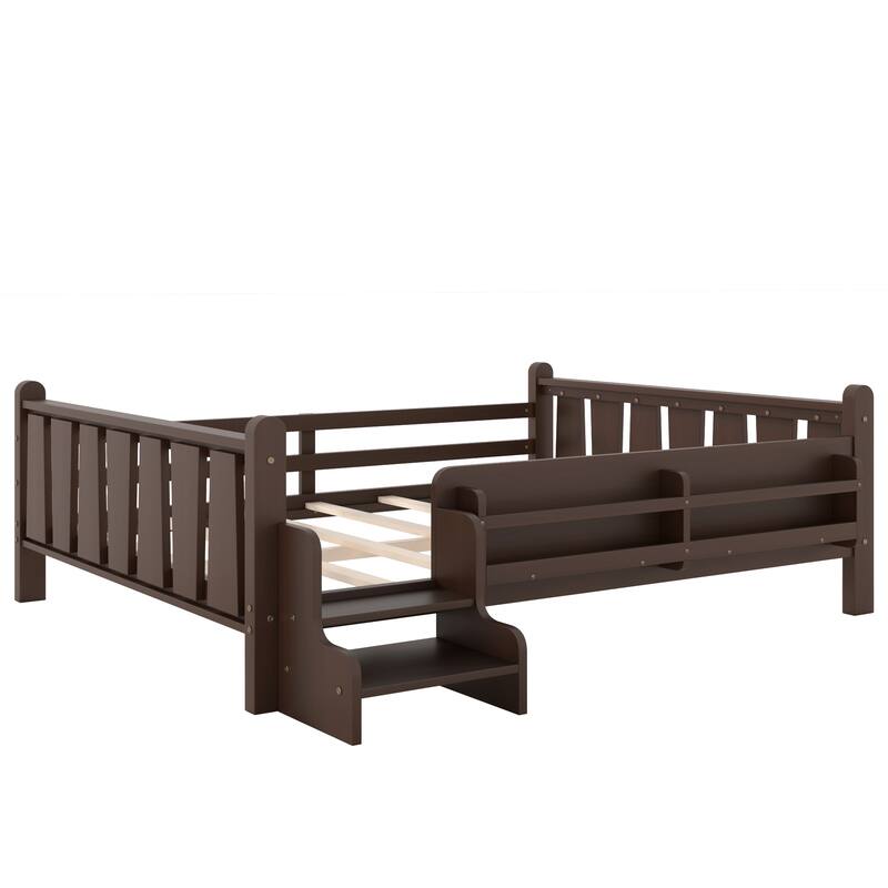 Full/Twin Floor Bed with Storage Bookcases & Cute Stairs - Solid Wood Kids Bed, No Box Spring