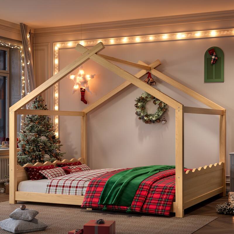 Queen House Floor Bed with Support Slats, Solid Wood House Bed Frame for Kids, No Box Spring Needed - Natural