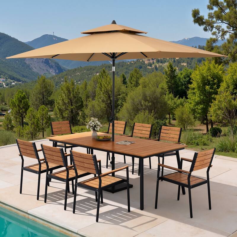 11PC Outdoor Patio Dining Set WoodLike Aluminum Umbrella Hole Table with Stackable Armchairs,Double Top Market Umbrella and Base - BrownTable&BrwonChairs&TanUmbrella
