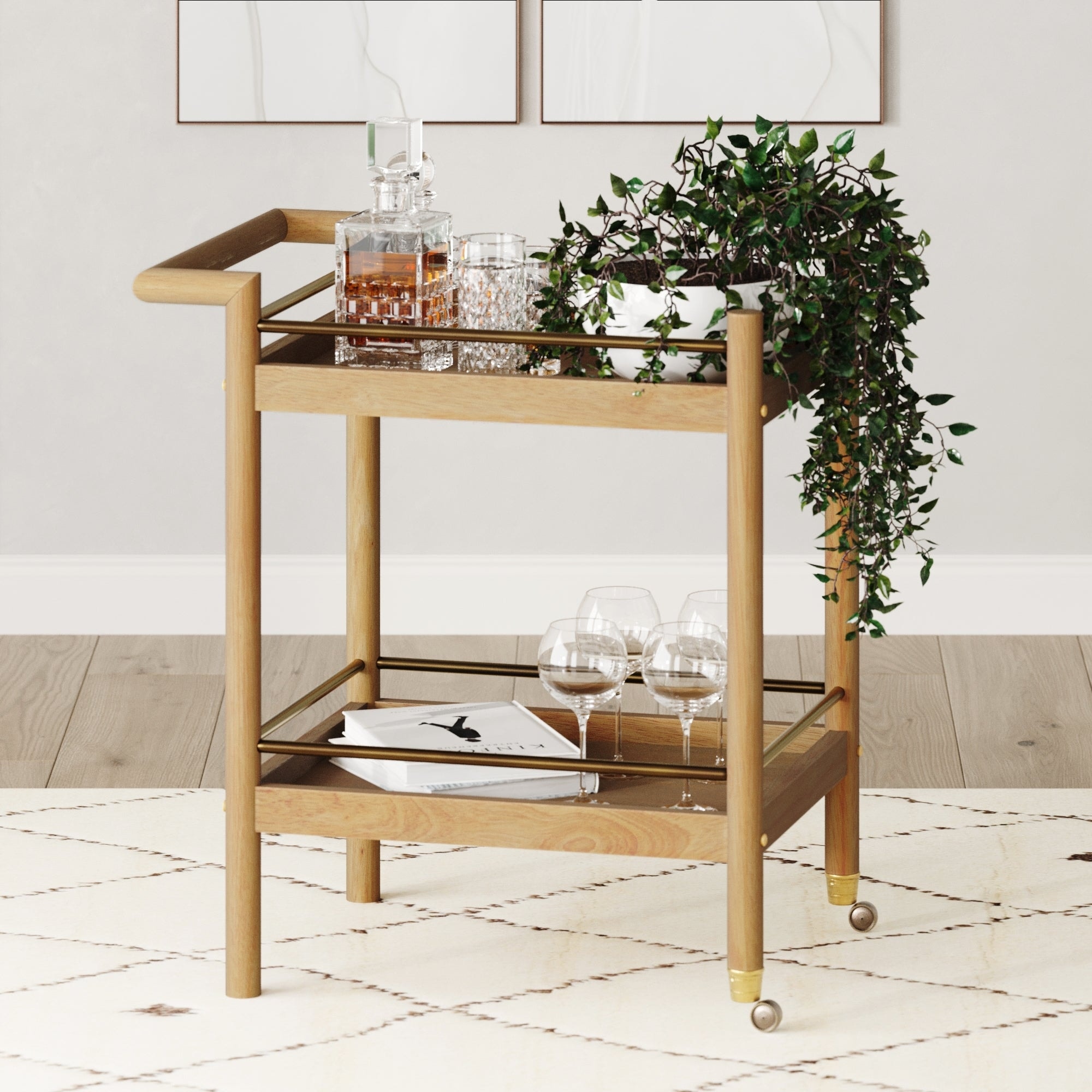 Farley Mid Century Modern Bar Cart, Solid Wood Serving Cart with