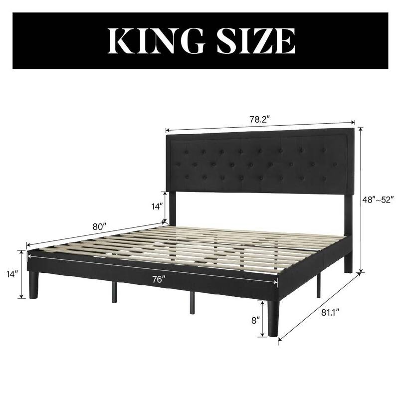 Modern Linen Upholstered Platform Bed with Tufted Button Headboard and Wood Slat Support