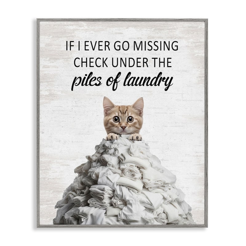 Stupell Piles Of Laundry Cat Framed Giclee Art Design By Lettered and Lined - 16 x 20 - Grey
