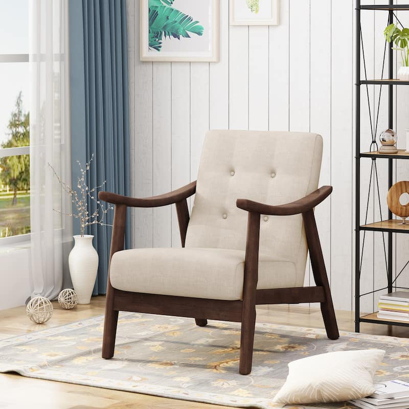Beige Mid Century Modern 25.25" Upholstered Button Tufted Accent Chair with Rubber Wood Legs - Beige