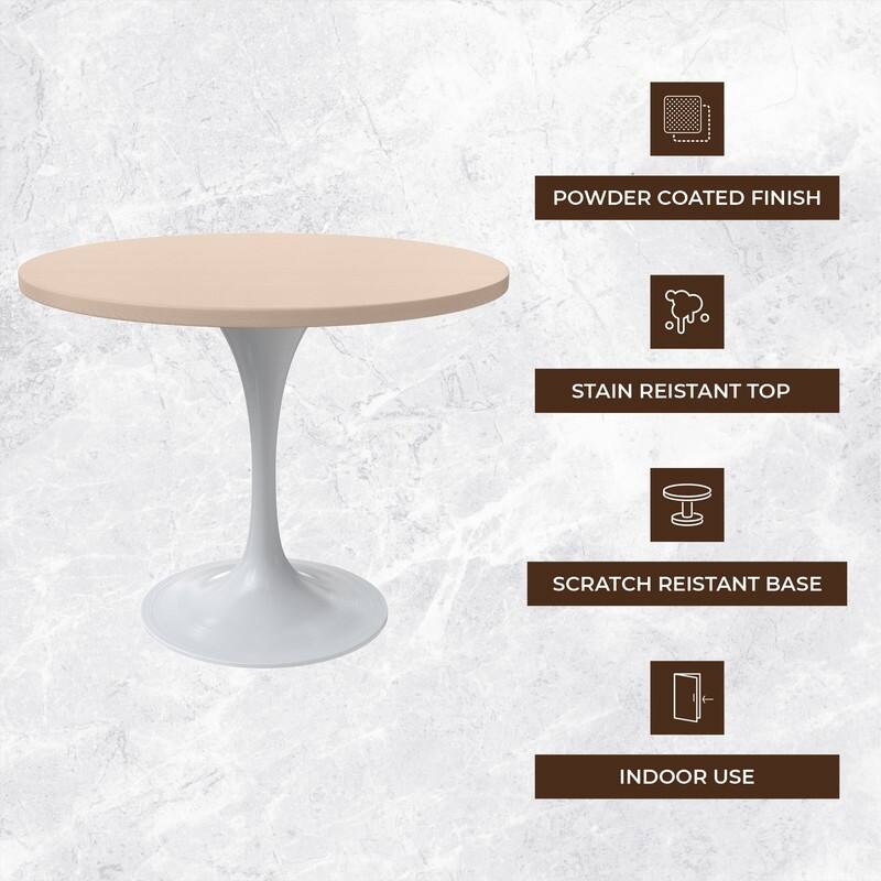 LeisureMod Verve 36" Round Dining Table with MDF Wood TableTop and White Steel Base for Kitchen & Dining Room