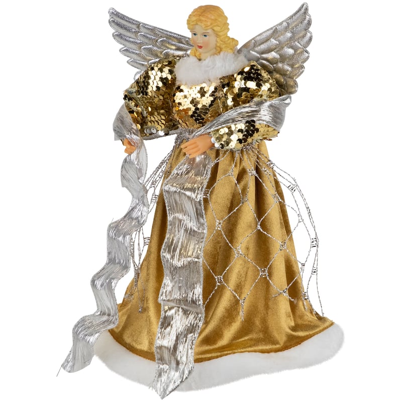 12" Metallic Bronze Silver Sequined Angel Christmas Tree Topper, Unlit