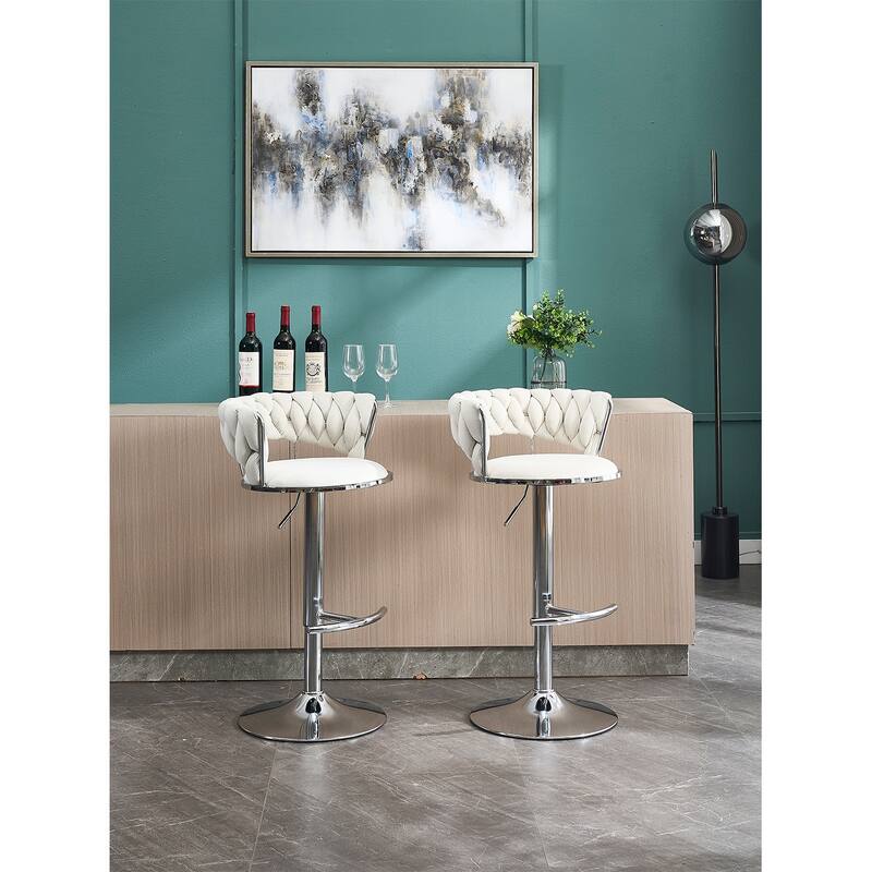 Set of 2 Adjustable Swivel Bar Stools, Cream Velvet with Chrome Footrest & Chrome Legs