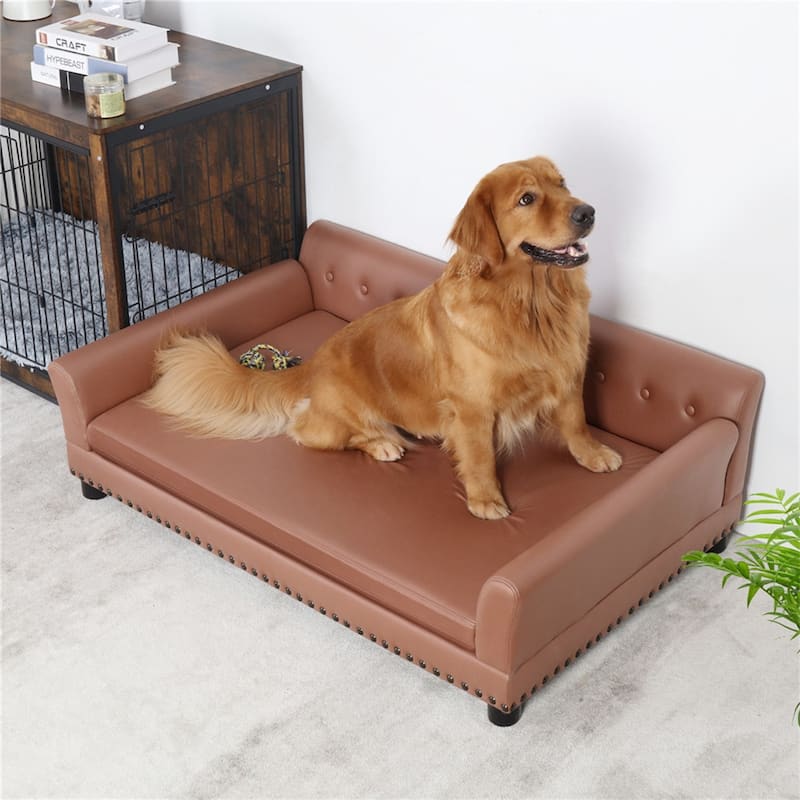 Orthopedic Pet Sofa Bed Waterproof Lounge Raised Bed Microfiber Leather Upholstered