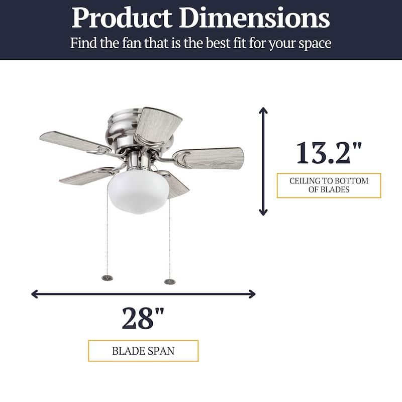 28" Prominence Home Hero Brushed Nickel Traditional Flush Mount Indoor LED Ceiling Fan with Light, Pull Chain