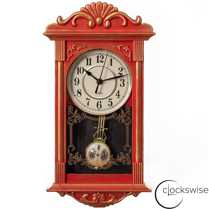 Clockswise Vintage Grandfather Wood-Looking Plastic Pendulum Decorative Battery-Operated Wall Clock Brown, for Home Decor - 16 Inch High - Red